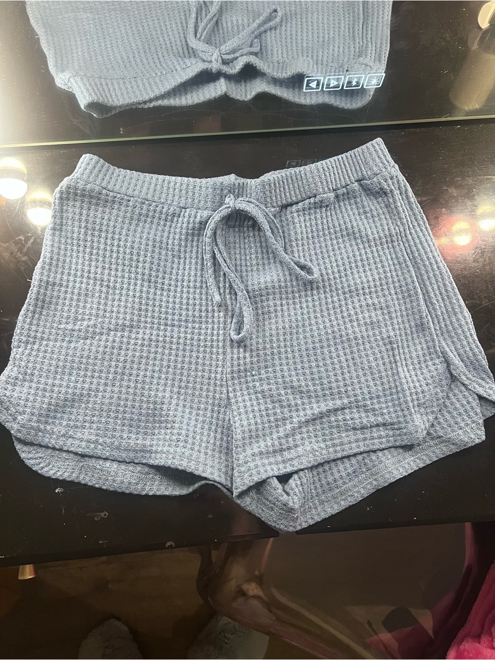 Three Dots Waffle Knit Drawstring Shorts — Light Blue